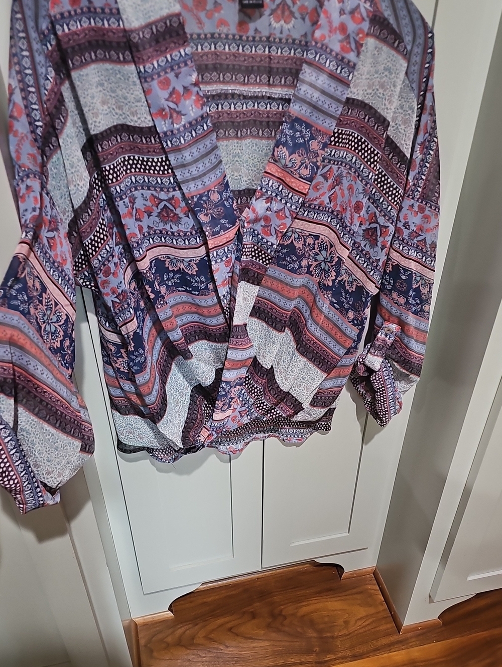 About A Girl Patchwork Floral Wrap Blouse in Lavender, Navy and Coral